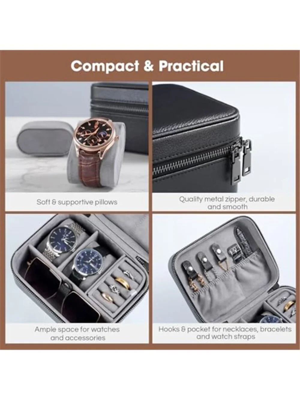 Travel Watch Case, 2 Slots Mens Jewelry Box -Black | PU Leather Storage